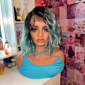 Medium-Length Wavy Lace Front Wig – Teal Ombre
